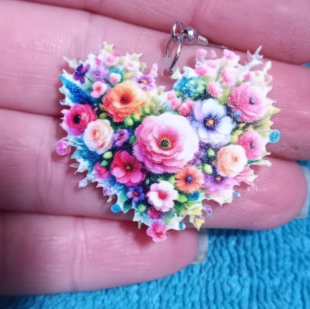 Floral Dangle Wire Heart Earrings Colorful Multicolor Flower